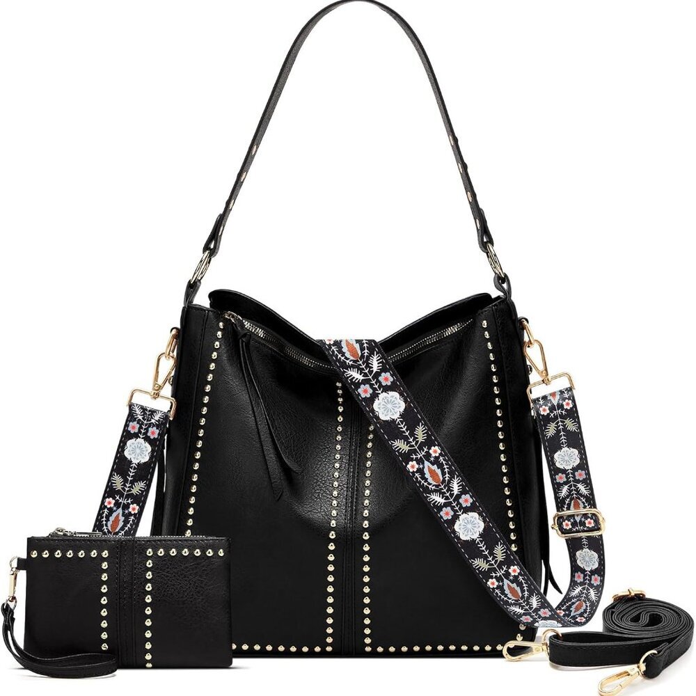 Stylish Women’s Studded Hobo Tote Bag & Pouch Set with Versatile Straps